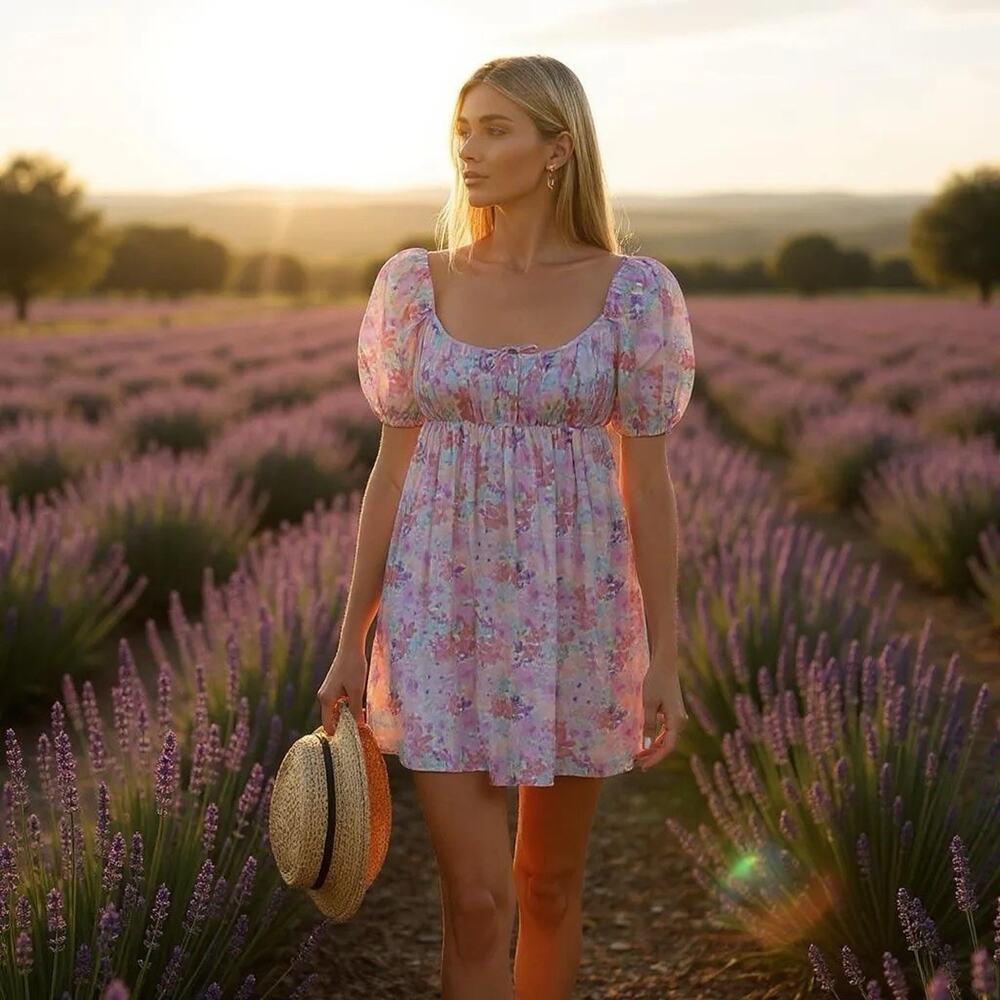 NEW For Love & Lemons Floral Dainty Mini Dress Babydoll Cottage-core Coquette M - Picture 16 of 16